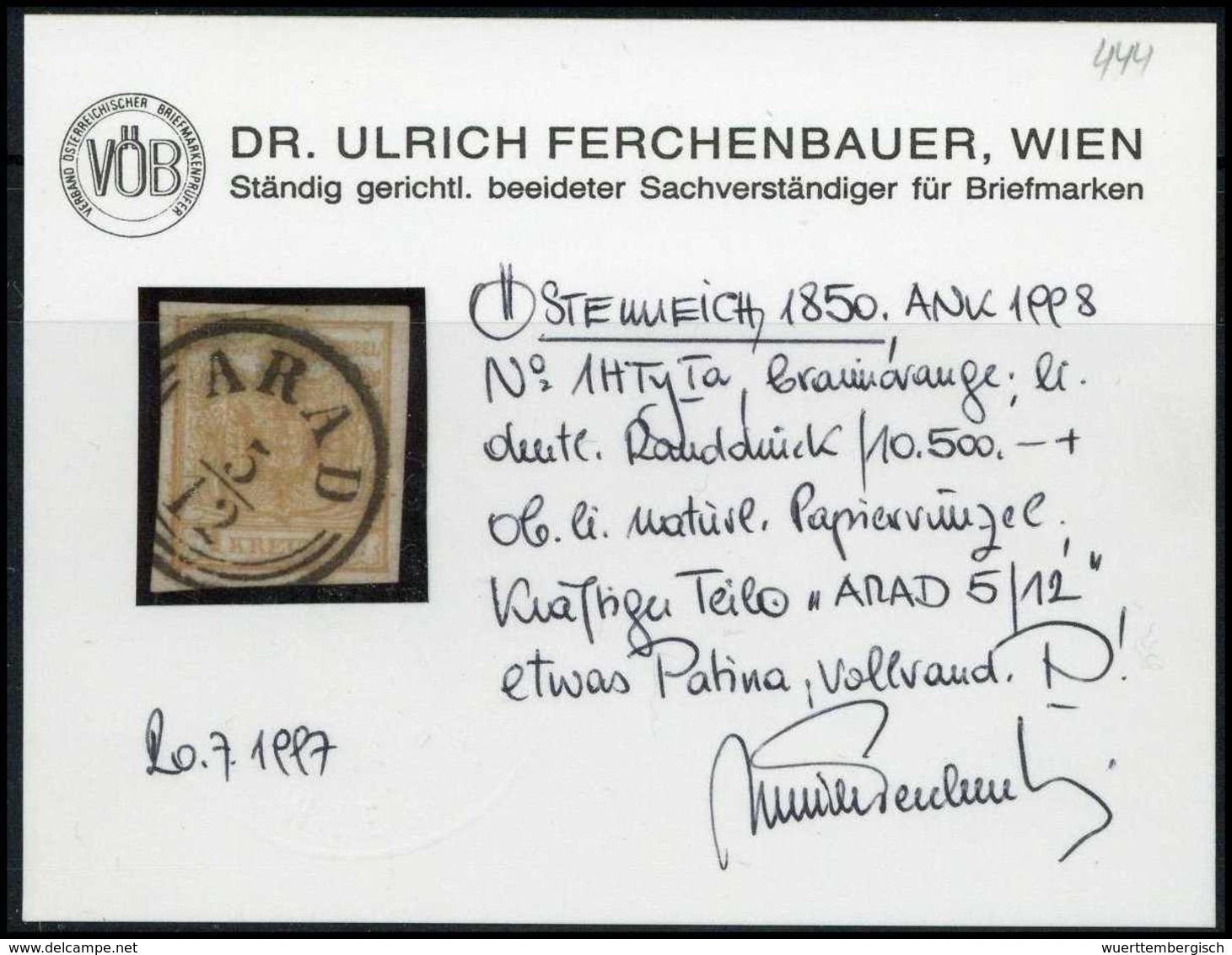 Gest. 1 Kr. Braunorange, Type Ia, Breitrandiges Prachtstück Mit Sauber Aufges. K1 ARAD, Fotobefund Ferchenbauer.<br/><b> - Other & Unclassified