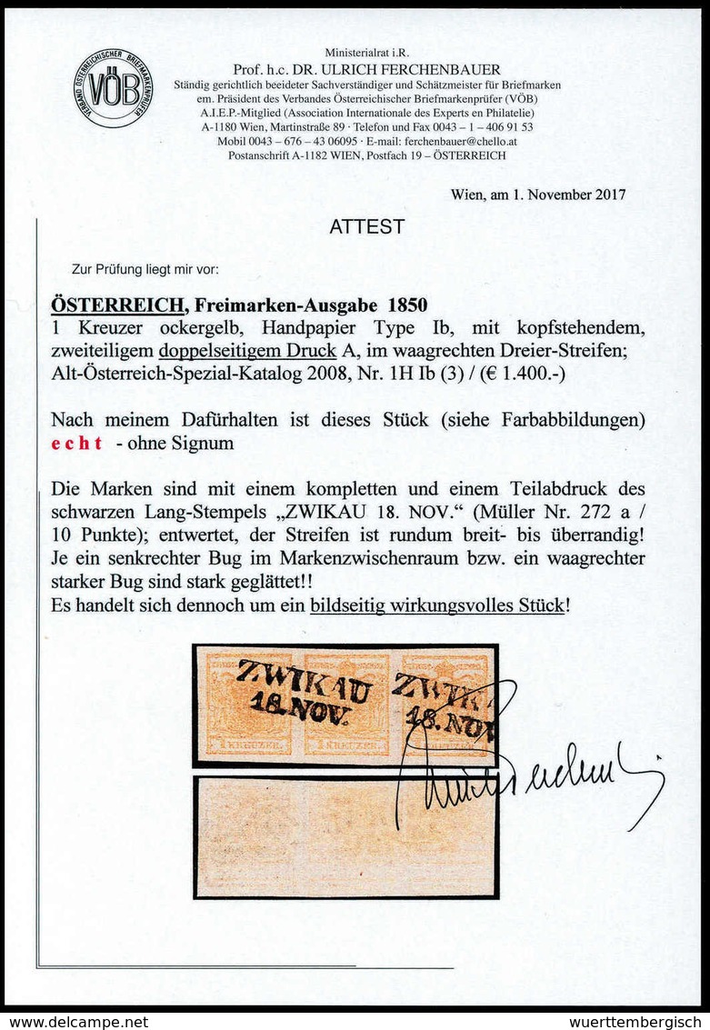 Gest. 1 Kr. Ockergelb, Abart: Doppelseitiger Druck, Farbfrischer Und Hervorragend Breitrandiger, Waagr. Dreierstreifen ( - Other & Unclassified