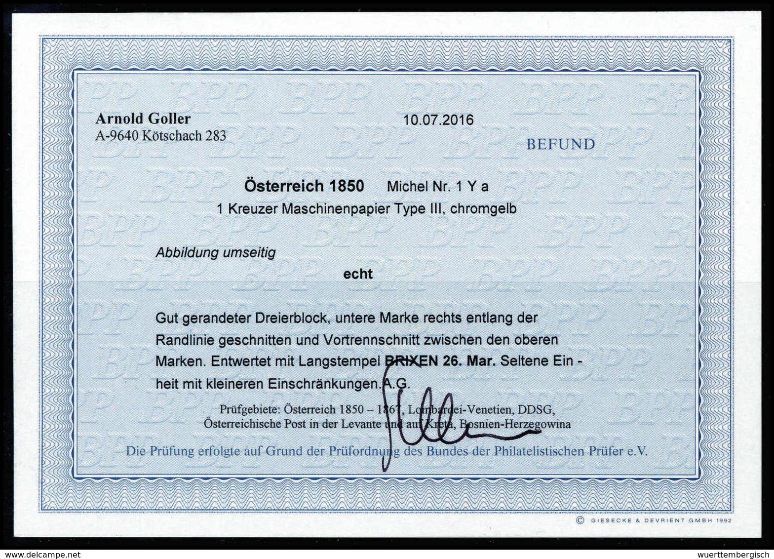 Gest. 1 Kr. Chromgelb, Voll- Bis Breitrandiger Und Farbfrischer Dreierblock Mit L2 BRIXEN. Abgesehen Von Kl. Vortrennsch - Sonstige & Ohne Zuordnung