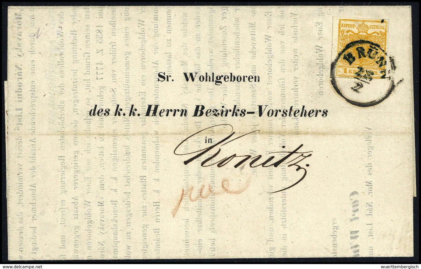 Beleg 1 Kr. Goldgelb, Voll- Bis Breitrandiges Prachtstück (kl. Aufkleberunzel) Auf Gef. Drucksache Von Brünn Nach Konitz - Sonstige & Ohne Zuordnung