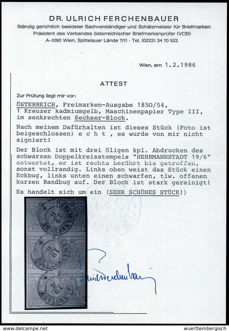 Gest. 1 Kr. Kadmiumgelb, Type III, Senkr. Sechserblock In Schöner Farbe, Re. Ber. Und Zwei Kl. Eckbüge Sowie Gereinigt,  - Other & Unclassified