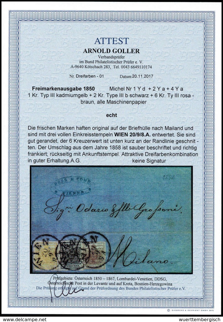 1 Kr. Kadmiumgelb Mit 2 Kr. Schwarz (Type IIIb) Und 6 Kr. Braun (Type III, Unten Ganz Leicht An Die Randlinie Geschnitte - Autres & Non Classés