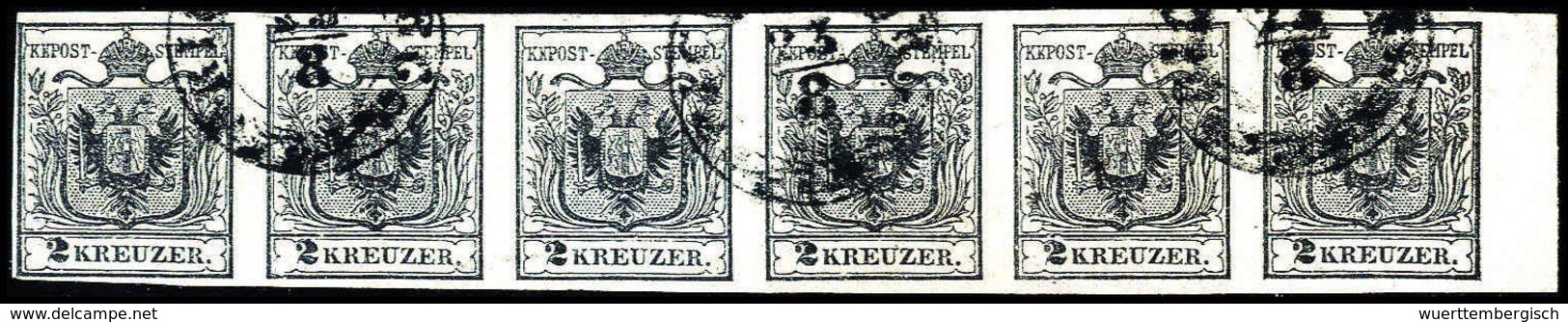 Gest. 2 Kr., Vorzüglich Farbfrischer, Waagr. Sechserstreifen, Ringsum Vollrandig Geschnitten, Re. Mit 6,5 Mm Breitem Bog - Other & Unclassified