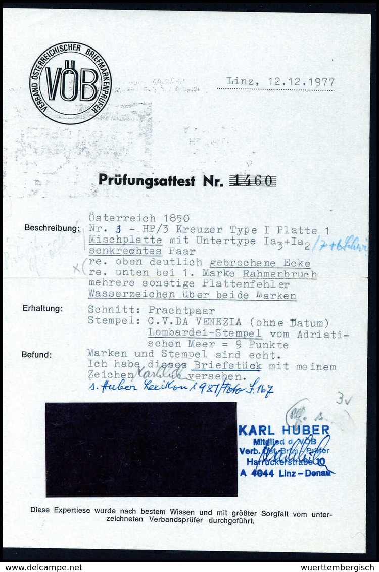 Briefst. Senkrechtes Mischpaar: 3 Kr., Senkr. Kabinettpaar In Type Ia/3 Und Ia/2 Auf Bfstk., Seltene Entwertung Durch Ve - Other & Unclassified