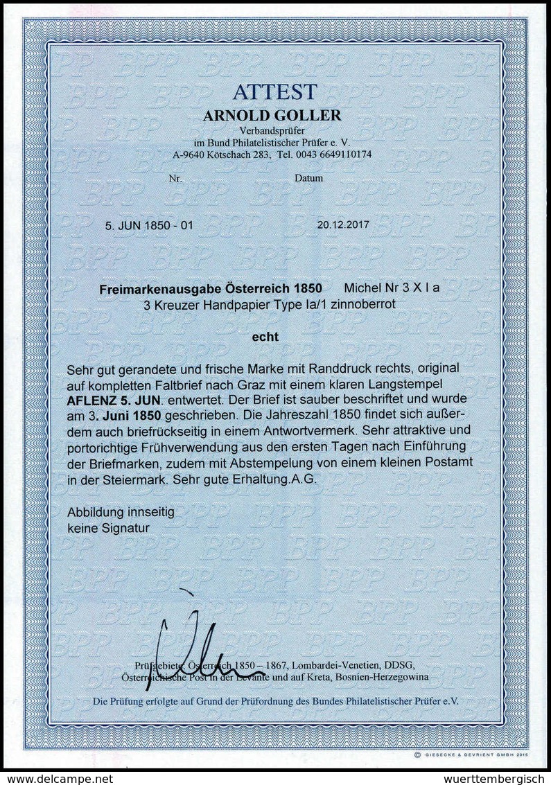 Frühverwendung 5.Juni 1850: 3 Kr., Breitrandiges Kab.-Stück Auf Schönem Weißem Faltbrief Nach Graz, Sauber Aufges. L2 AF - Altri & Non Classificati