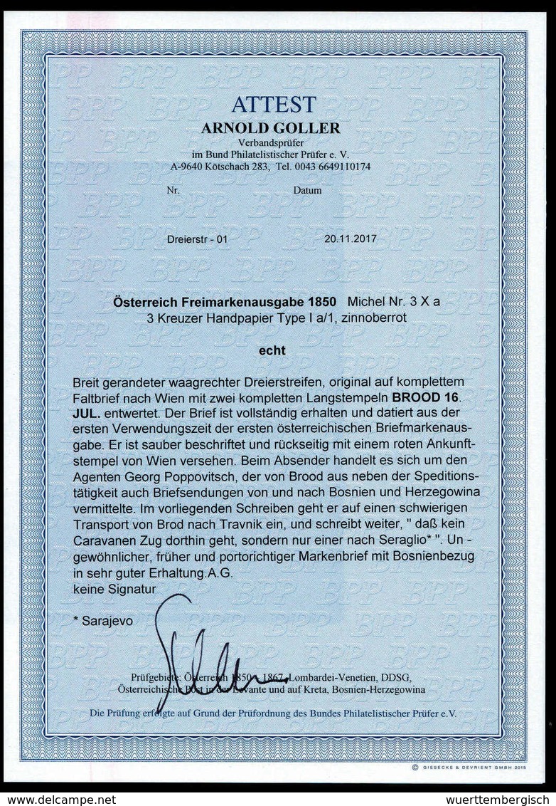 3 Kr., Breitrandiger Waagr. Luxus-Dreierstreifen Auf Schönem Weißem Faltbrief Mit L2 BROOD 16.JUL. (1850). Bemerkenswert - Autres & Non Classés