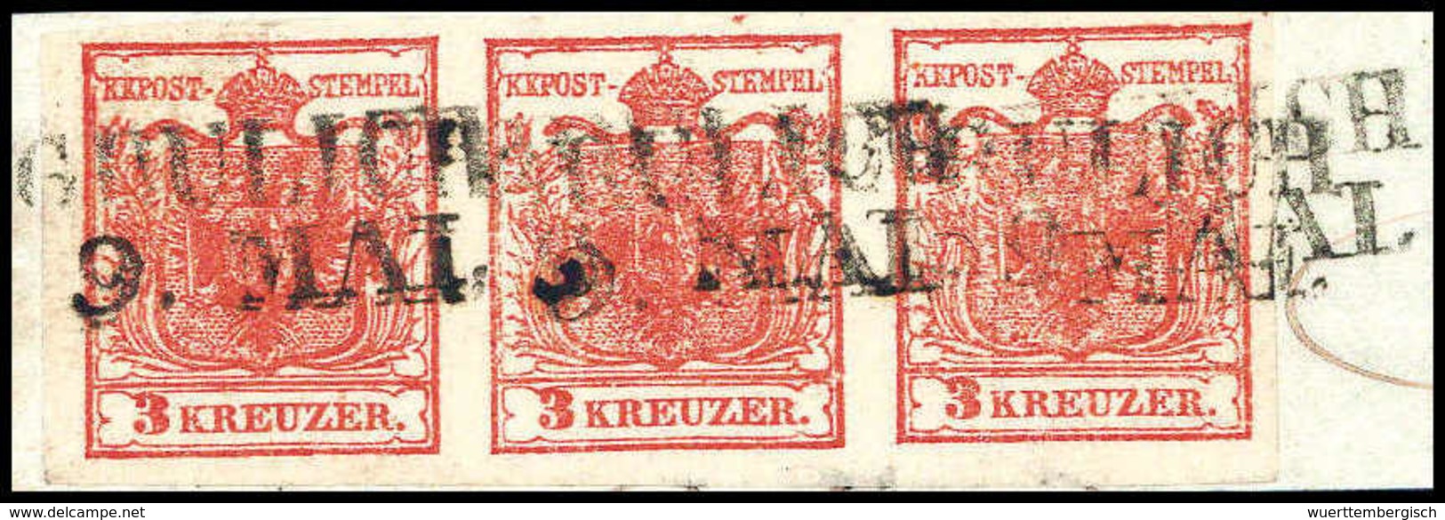 Briefst. 3 Kr., Abart: Geripptes Handpapier, Waagr. Kab.-Dreierstreifen Auf Bfstk. Mit Sauber Aufges. L2 GRULICH. Eine S - Altri & Non Classificati