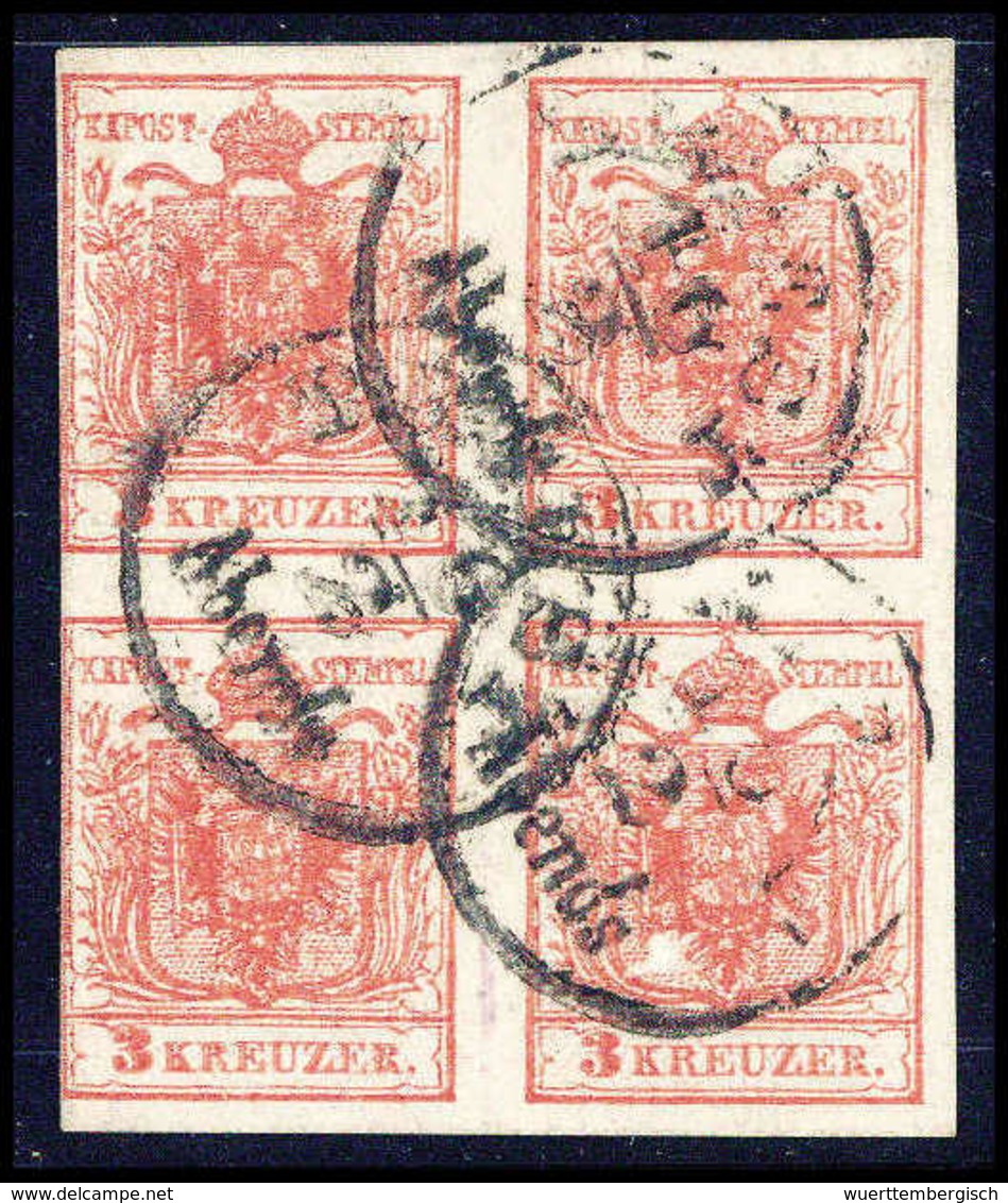 Gest. 3 Kr., Farbfrischer Viererblock (kl. Mgl.) Mit K1 TRIEST, Fotobefund Goller BPP.<br/><b>Katalogpreis: 1.200,-+</b> - Altri & Non Classificati