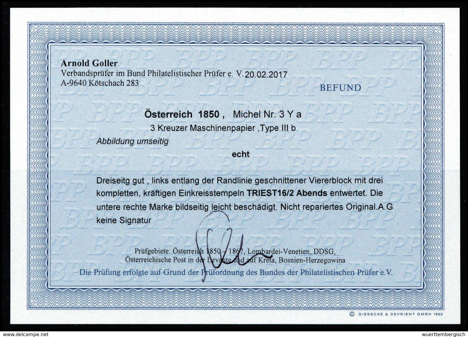 Gest. 3 Kr., Farbfrischer Viererblock (kl. Mgl.) Mit K1 TRIEST, Fotobefund Goller BPP.<br/><b>Katalogpreis: 1.200,-+</b> - Altri & Non Classificati