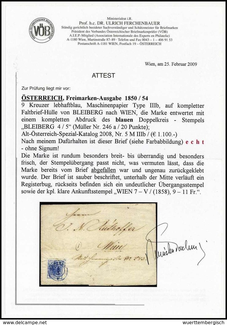 Beleg 9 Kr. Lebhaftblau, Type IIIb, Besonders Breitrandiges Luxusstück Mit Leuchtend Blauem K2 BLEIBERG 4/5 (1858) Auf W - Altri & Non Classificati