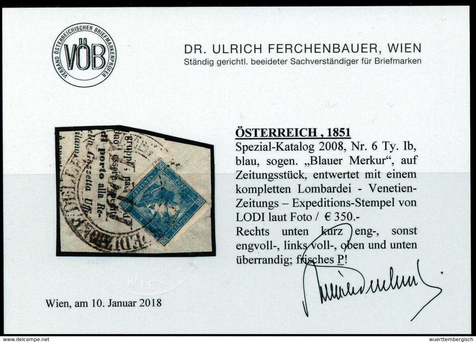 Briefst. 0,6 Kr., Blauer Merkur, Pracht-Bfstk. Mit Vollem Abschlag Des L&V-Stempel LODI, Fotobefund Ferchenbauer. (Miche - Altri & Non Classificati