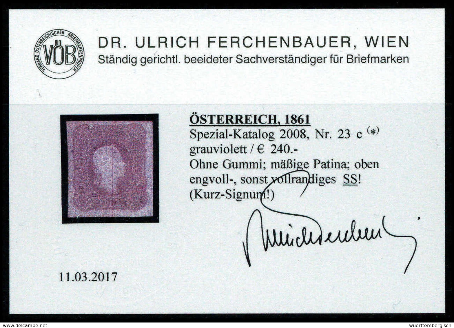 O. Gummi 1.05 Kr., Ungebr. Prachtstück O.G., Fotobefund Ferchenbauer.<br/><b>Katalogpreis: 220,-</b> (Michel: 23c) - Sonstige & Ohne Zuordnung