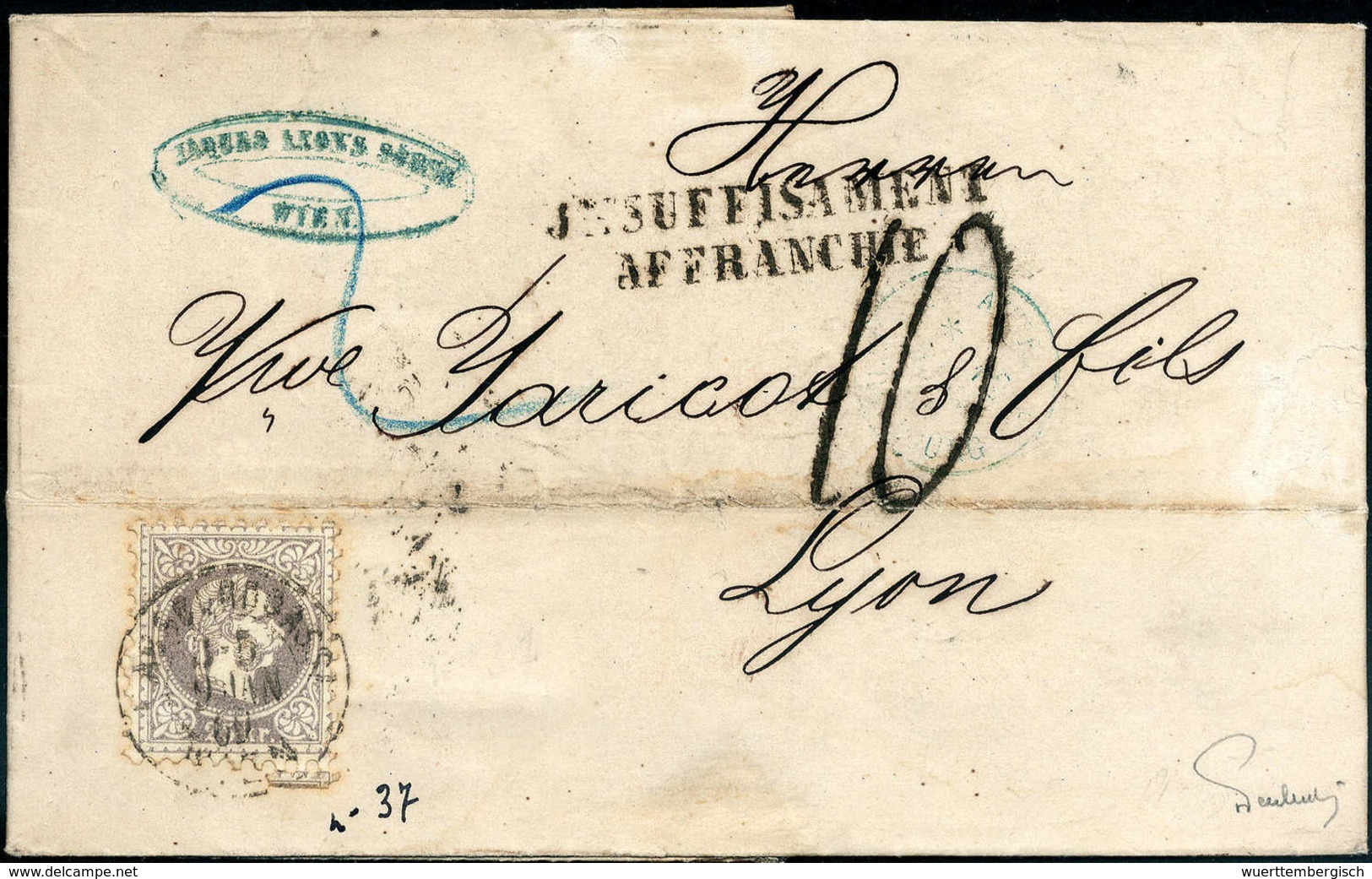 25 Kr., Einzelfrankatur Auf Etwas Unfrischem Brief (Brieffalte) Mit Stempel HABSBURGSGASSE 9/1 (1869) Nach Lyon, In Der  - Altri & Non Classificati