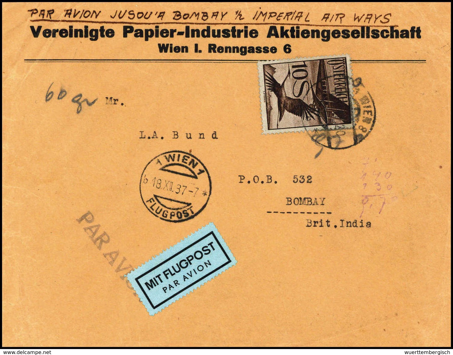 10 Sch., Tadellose Einzelfrankatur Mit Stempel WIEN 1 FLUGPOST 18/12 37 Auf Firmenkuvert Nach Bombay/Indien.<br/><b>Kata - Sonstige & Ohne Zuordnung