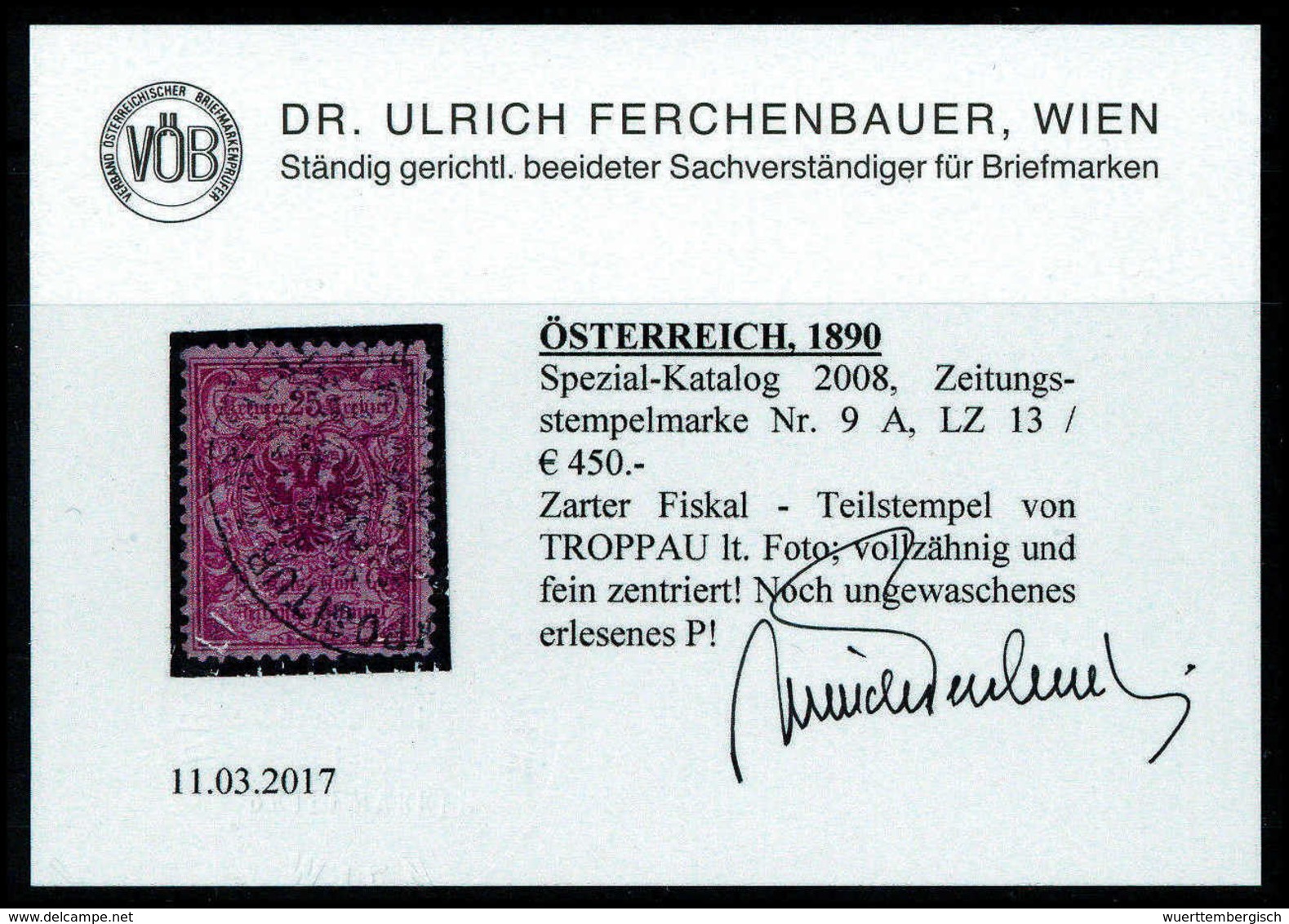 Gest. 1890, 25 Kr., Kab.-Stück (noch Voller Originalgummi) Mit Stempel Von TROPPAU, Fotobefund Ferchenbauer.<br/><b>Kata - Autres & Non Classés