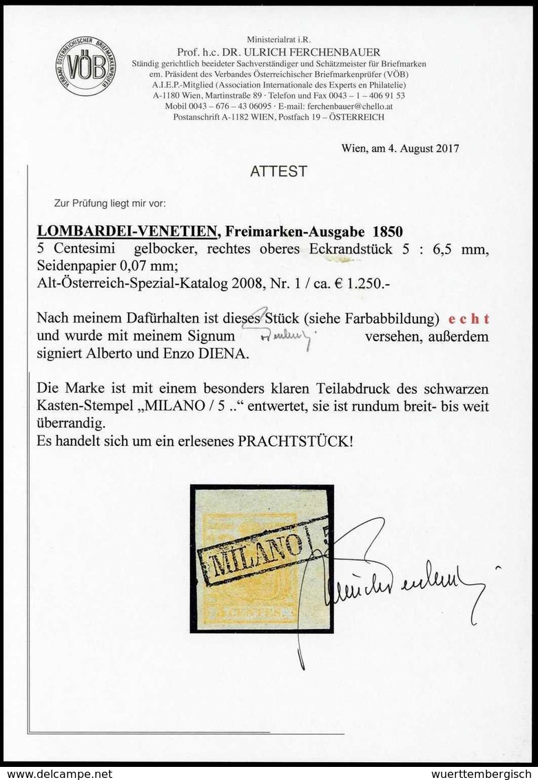 Gest. 5 C., Besonders Große Luxus-Bogenecke Re. Oben Auf Seltenem Seidenpapier, Klarer R1 MILANO. Ausnahme-Exemplar Für  - Autres & Non Classés