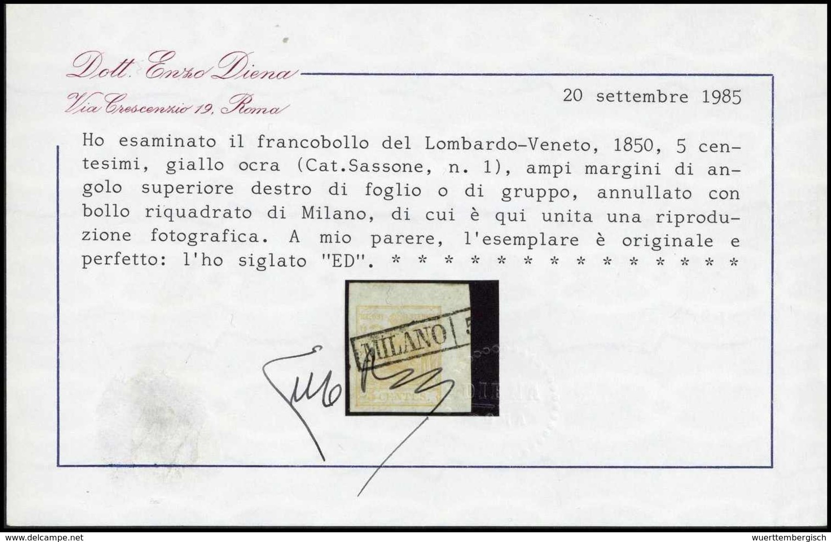 Gest. 5 C., Besonders Große Luxus-Bogenecke Re. Oben Auf Seltenem Seidenpapier, Klarer R1 MILANO. Ausnahme-Exemplar Für  - Autres & Non Classés