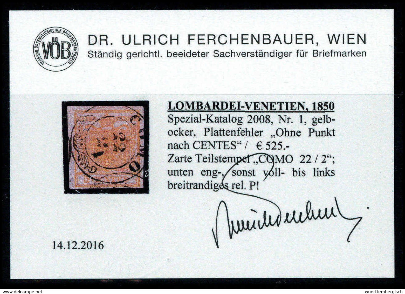 Gest. 5 C., Plattenfehler: Ohne Punkt Nach "CENTES", Kab.-Stück Mit Zentr. Zier-K2 COMO, Fotobefund Ferchenbauer (Fe. 52 - Altri & Non Classificati