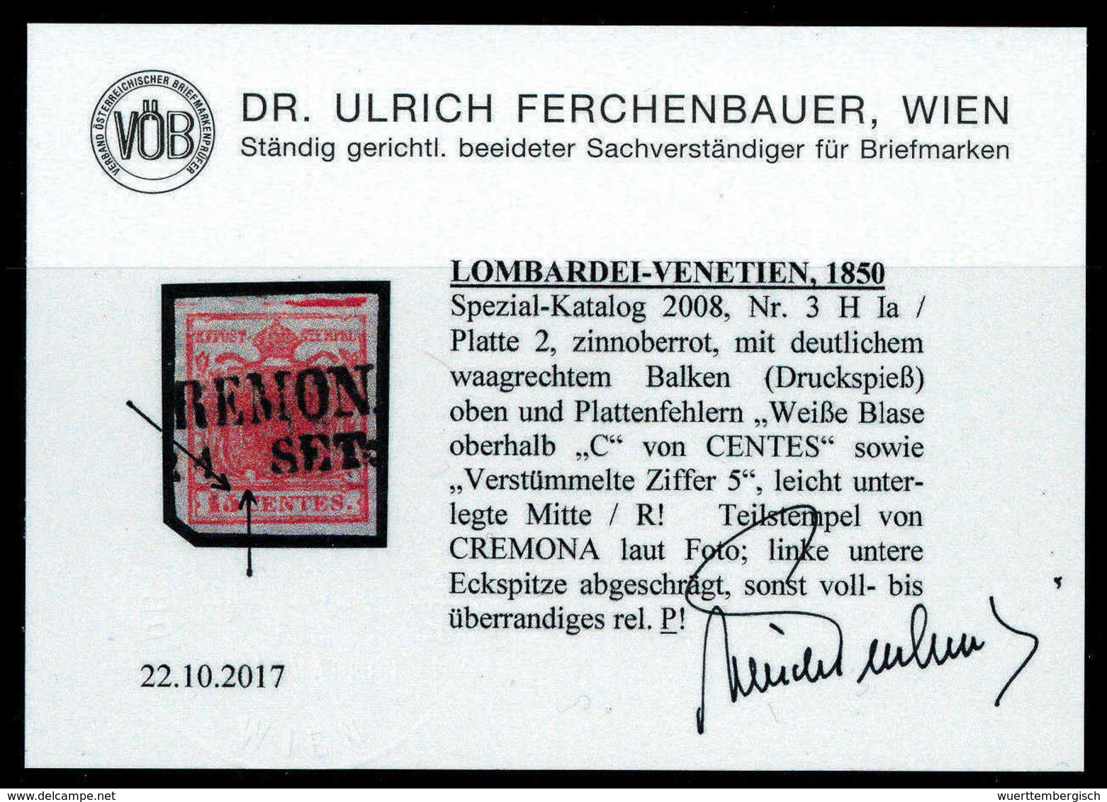 Gest. 15 C., Abart: Oben Dicker Waagr. Balken (Druckspieß), Voll- Bis Breitrandiges Kab.-Stück Mit L2 CREMONA, Fotobefun - Sonstige & Ohne Zuordnung