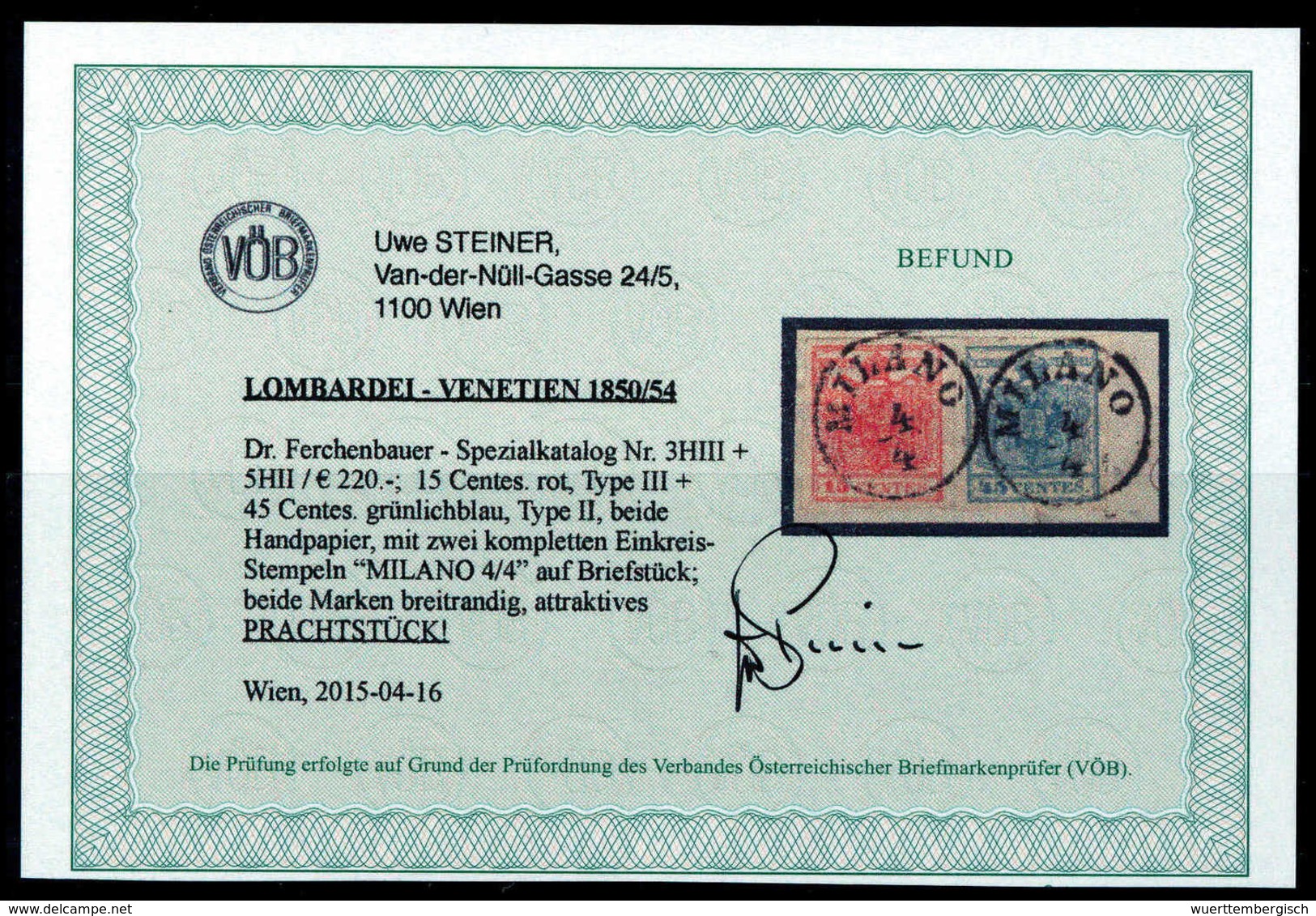 Briefst. 15 C. Mit 45 C. Grünblau, Luxus-Bfstk. Mit Schönem K1 MILANO, Fotobefund Ferchenbauer. (Michel: 3Xc,5Xc) - Autres & Non Classés