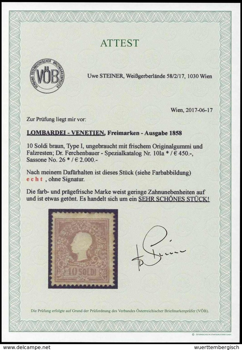 * 10 So., Frisches, Ungebr. Prachtstück In üblicher Zhg., Fotoattest Steiner.<br/><b>Katalogpreis: 400,-</b> (Michel: 10 - Autres & Non Classés