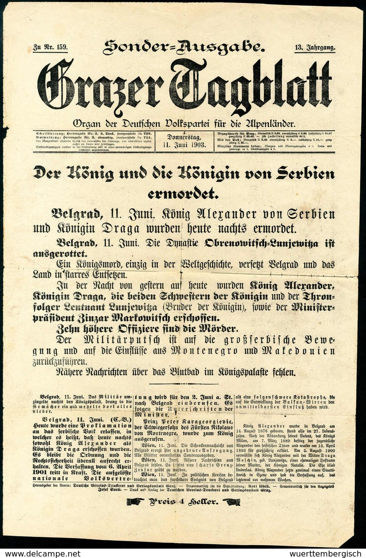 Beleg 1903, "Der König Und Die Königin Von Serbien Ermordet", Sonderausgabe Des Grazer Tagblatts Vom 11.6.03. - Sonstige & Ohne Zuordnung