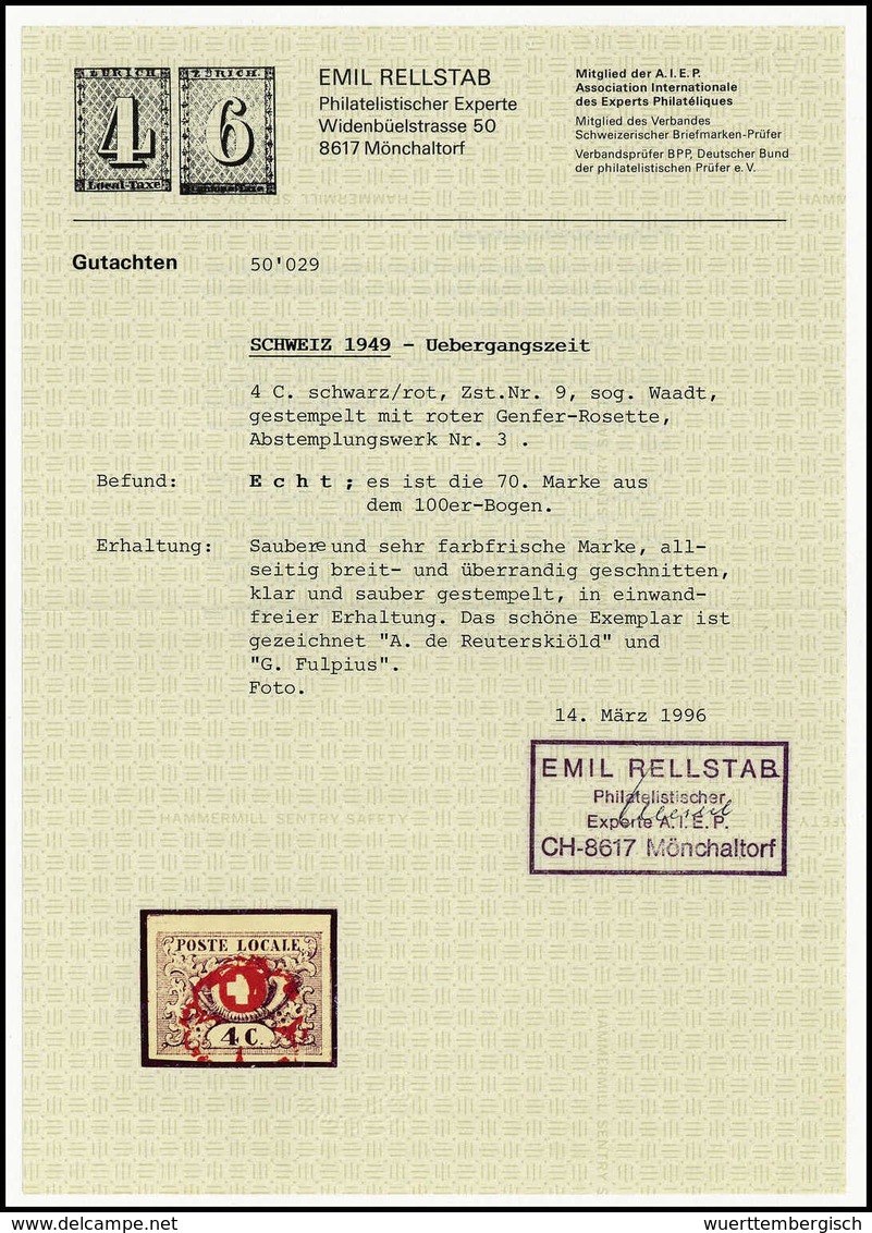 Gest. 4 C., Waadt, Luxusstück Mit Ringsum Außergewöhnlich Breiten Rändern, Kräftiger Farbe Und Mit Leuchtend Roter Genfe - Altri & Non Classificati