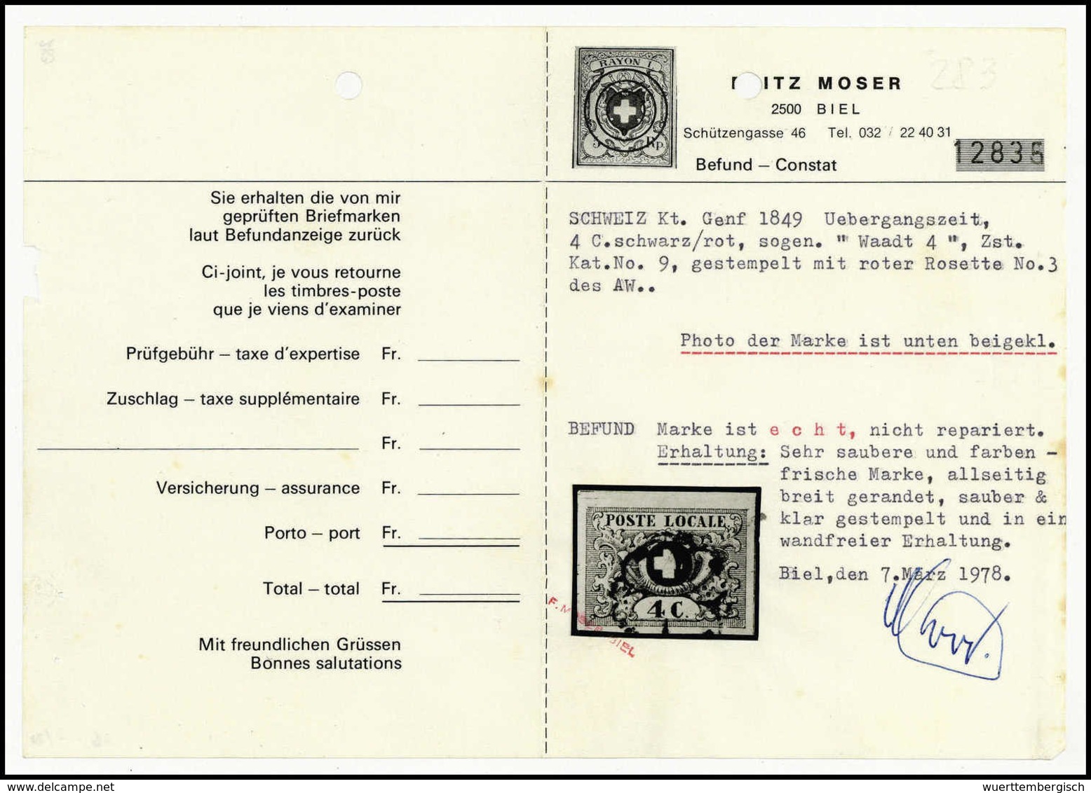 Gest. 4 C., Waadt, Luxusstück Mit Ringsum Außergewöhnlich Breiten Rändern, Kräftiger Farbe Und Mit Leuchtend Roter Genfe - Altri & Non Classificati