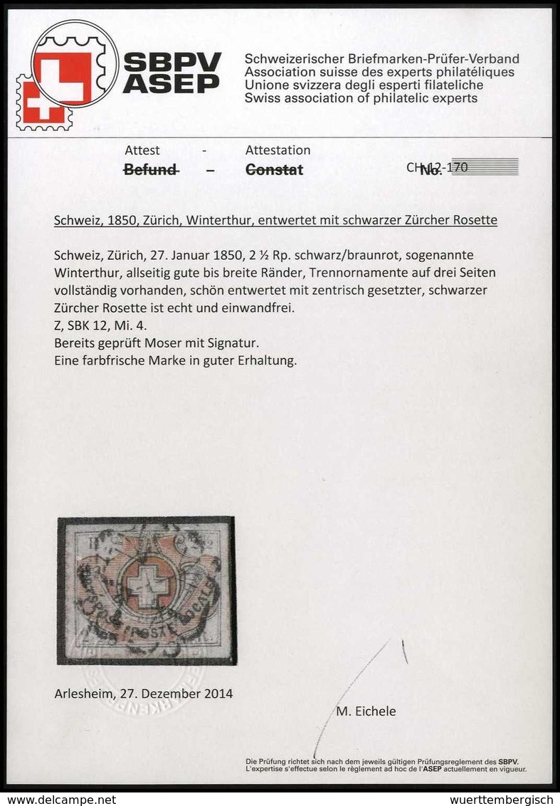 Gest. 2½ Rp., Winterthur, Breitrandiges Kabinettstück Mit Genau Zentr. Aufges., Schwarzer Zürcher Rosette. In Dieser Qua - Other & Unclassified
