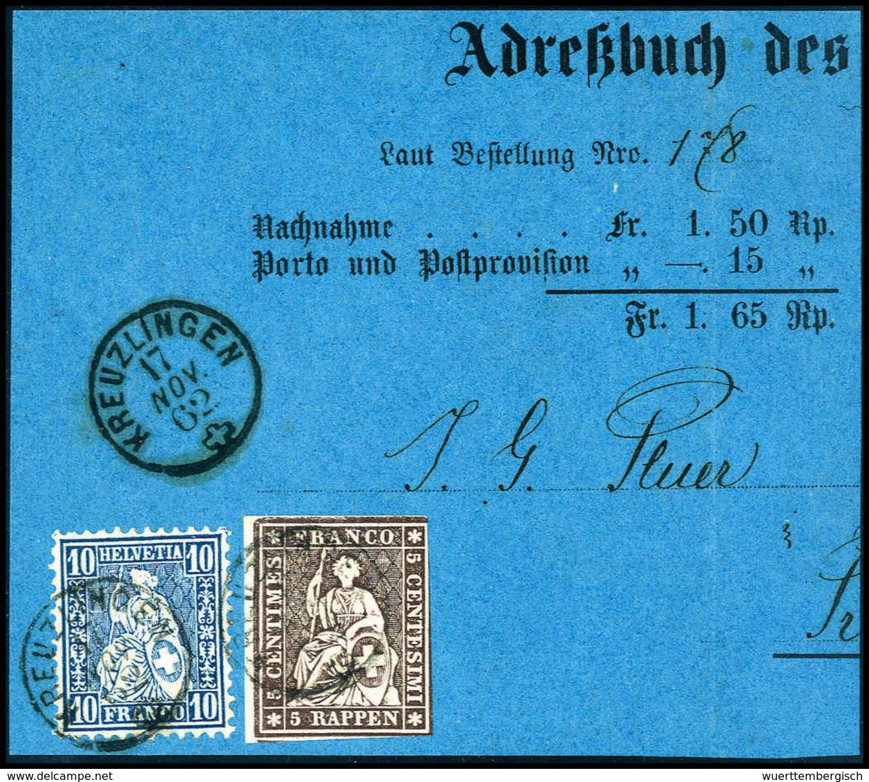 Briefst. 5 Rp., Mischfrankatur Mit Sitzende Helvetia 10 C. Blau, Gezähnt, Tadelloser Teil Von Brief-Vds. Mit Fingerhutst - Altri & Non Classificati