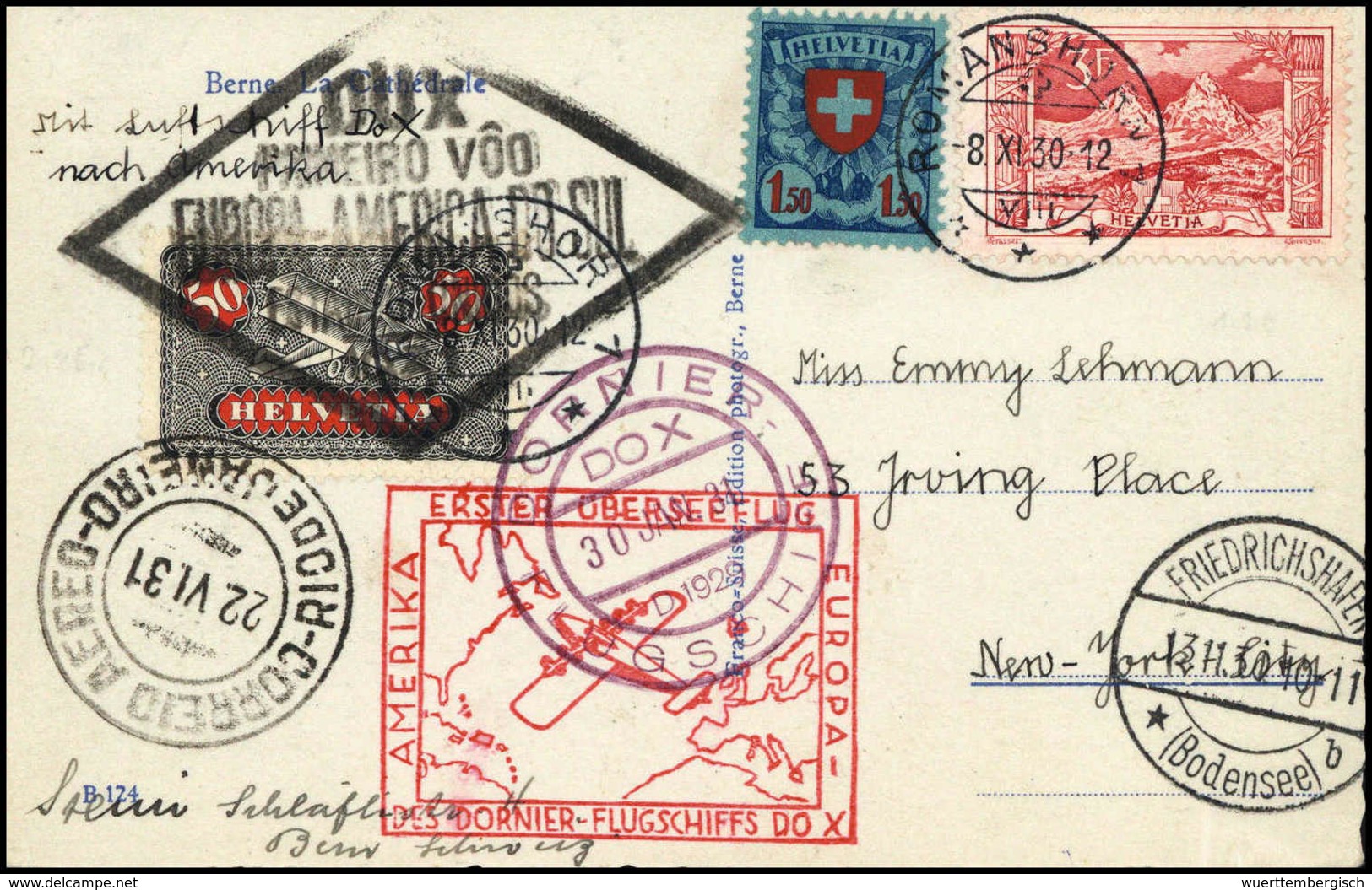 Beleg 3 Fr. Mit Flugpost 50 C. Und Wappen 1,50 Fr. Auf Tadelloser DOX-Flugkarte Von Romanshorn Via Friedrichshafen Und R - Autres & Non Classés