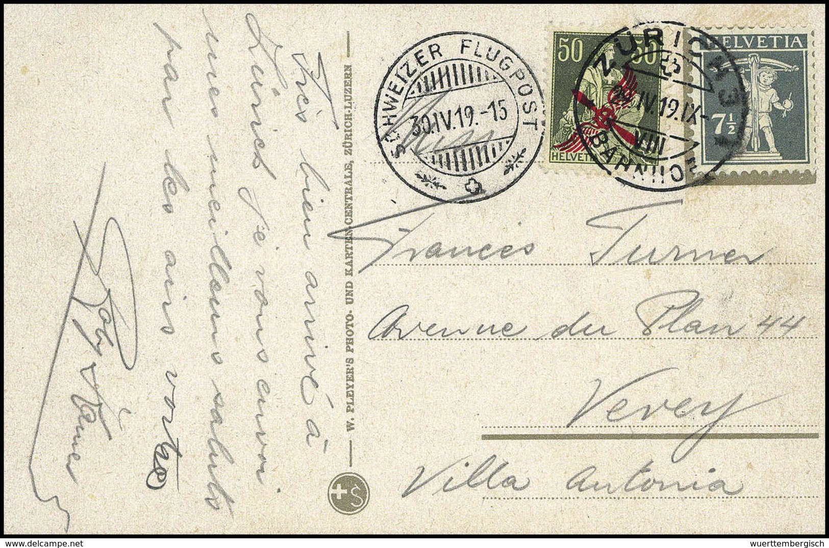 50 C. Mit Telknabe 7½ C. Auf Seltener Vor-Ersttagskarte Mit Stempel ZÜRICH 3 BAHNHOF 29.IV.19 Und Beiges. Stempel SCHWEI - Autres & Non Classés