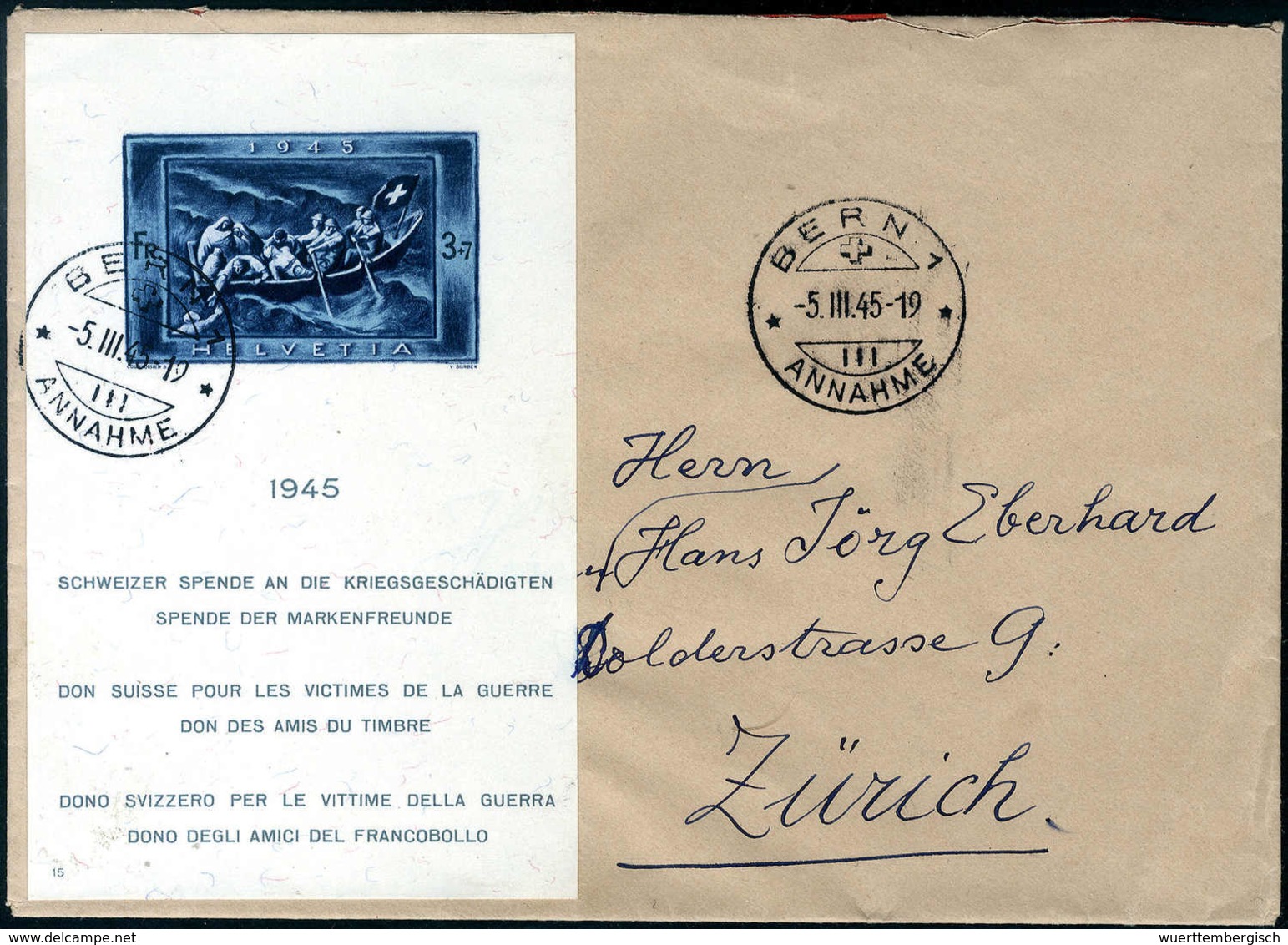 Kriegsgeschädigten-Block, Tadellos Mit Klarem Stempel BERN 1. 5/3 45 Auf Brief Nach Zürich.<br/><b>Katalogpreis: 380,-</ - Autres & Non Classés