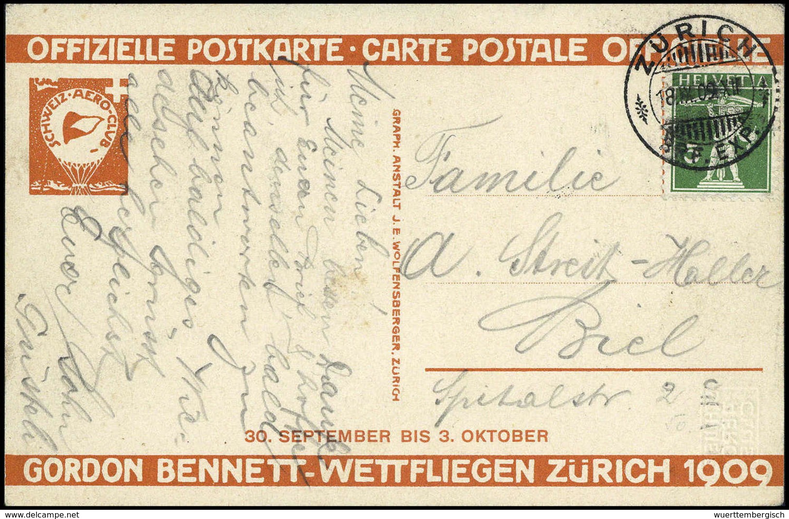 Beleg 1909, Gordon-Bennett-Wettfliegen, Zürich, Offizielle Postkarte 5 C. Tellknabe Und Flug-Vignette. - Autres & Non Classés