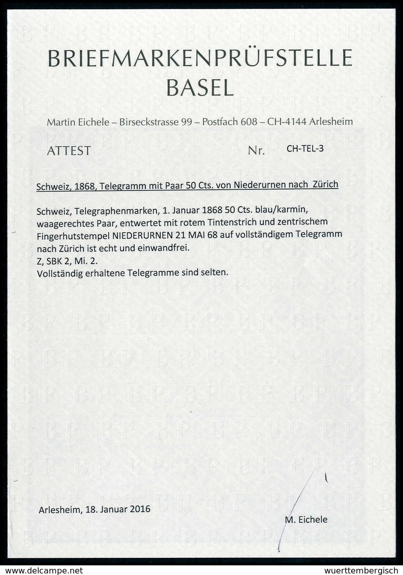 Beleg Frankiertes Telegramm 1868: 50 C., Tadelloses, Waagr. Paar Mit Vorschriftsmäßiger Federzug-Entwertung Und Darüber  - Autres & Non Classés