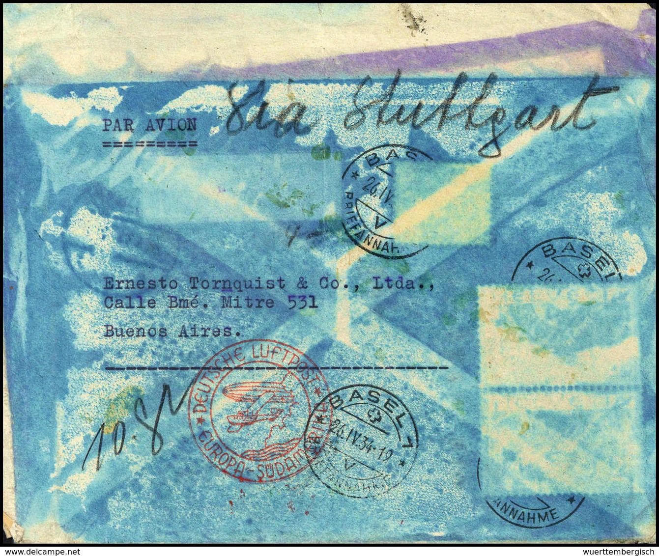 Beleg 1934, Katastrophenbrief Von Basel Via Stuttgart Nach Buenos Aires, Absturz Des Postflugzeugs (Frankatur Abgefallen - Autres & Non Classés