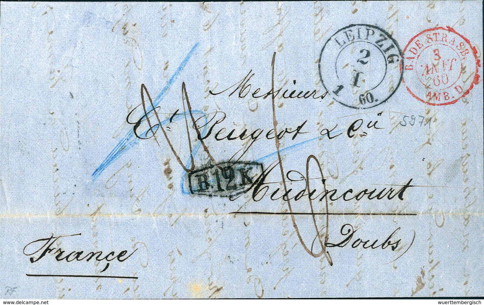 Beleg 1860, "B.12K", Klarer Porto-Verrechnungsstempel Auf Schönem Transitbrief Mit K2 LEIPZIG Nach Frankreich. - Other & Unclassified