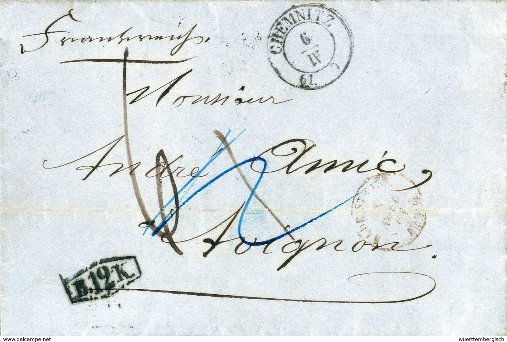 Beleg 1861, B.12K., Verrechnungsstempel Klar Auf Unfrankiertem Brief Von Chemnitz Nach Frankreich. - Autres & Non Classés