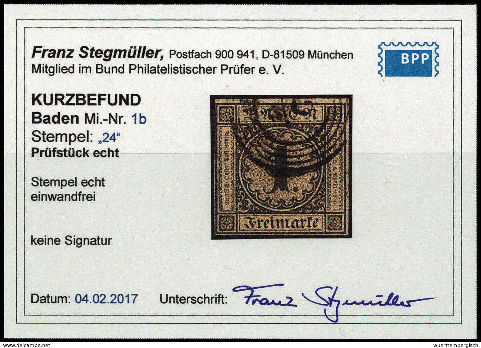 Gest. 1 Kr., Ringsum Vollrandiges Kab.-Stück Mit Klarem Stempel "24" CARLSRUHE, Fotobefund Stegmüller BPP.<br/><b>Katalo - Sonstige & Ohne Zuordnung