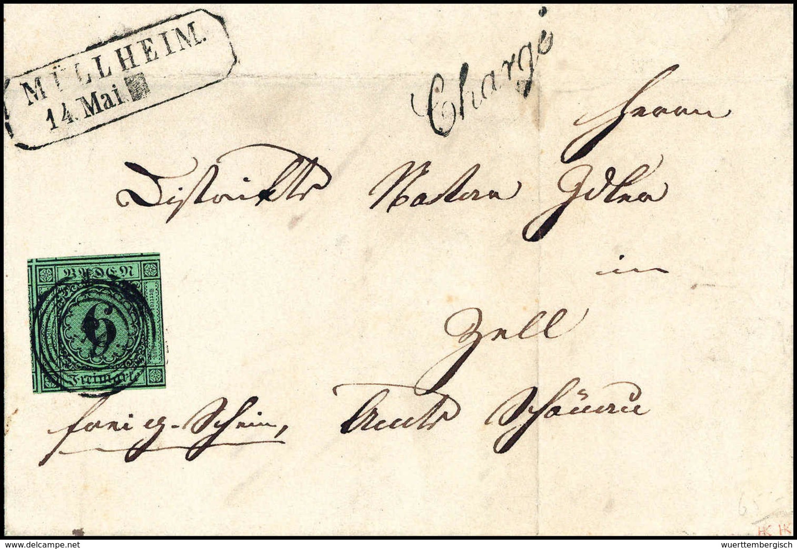 Beleg 6 Kr., Gef. Pracht-Chargébrief Mit Stempel "95" MÜLLHEIM Nach Zell.<br/><b>Katalogpreis: 320,-</b> (Michel: 3a) - Autres & Non Classés