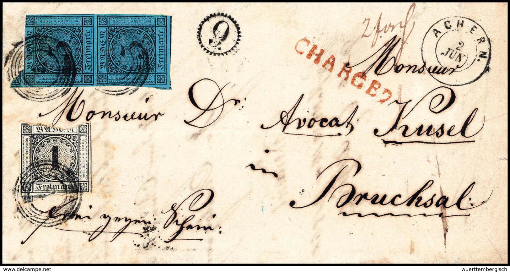 Beleg 1 Kr. (oben Trennungsfehler) Mit Senkr. Paar 3 Kr. A. Blau Auf Seltenem Chargébrief Mit Stempel "2" ACHERN Und Bei - Sonstige & Ohne Zuordnung