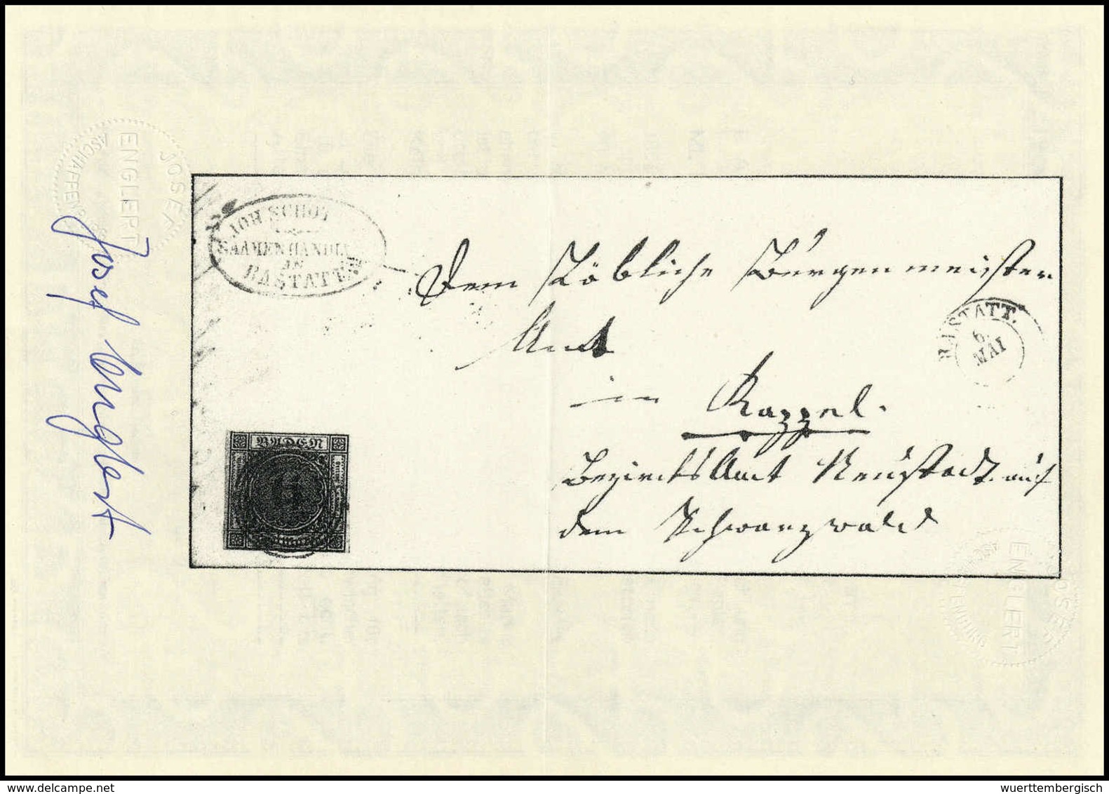 6 Kr., Luxusbrief Mit Leuchtend Rotem Stempel "115" RASTATT. Selten, Fotoattest Englert BPP. (Michel: 7) - Autres & Non Classés