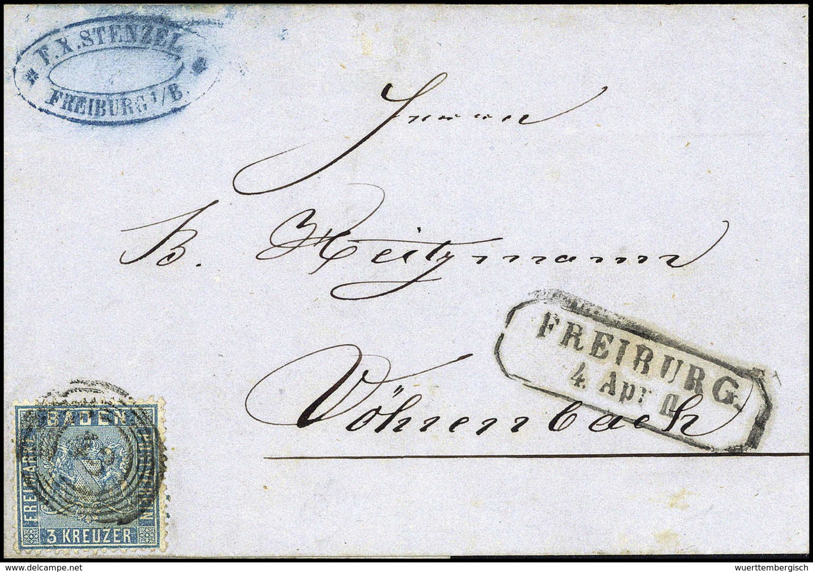 Beleg 3 Kr., Perfekt Gezähntes Kab.-Stück Mit Zentr. Stempel "43" FREIBURG Auf Aktenfrischem Blauem Brief.<br/><b>Katalo - Autres & Non Classés