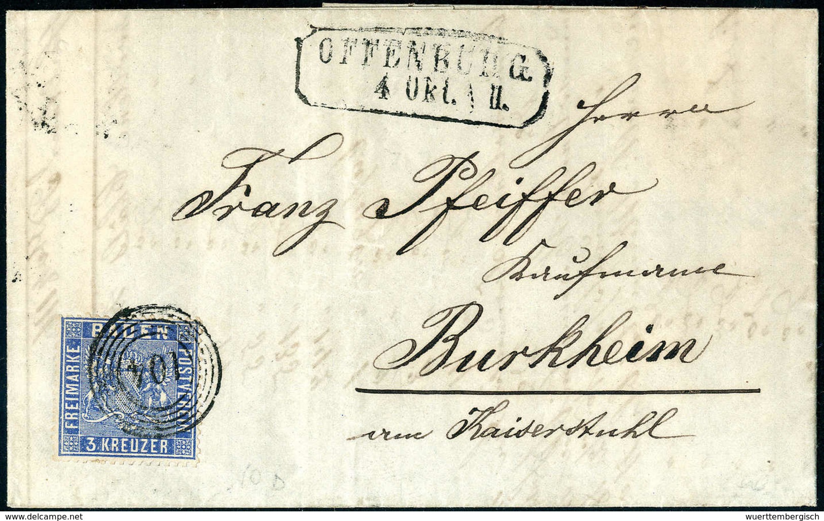 3 Kr., Frischer Luxusbrief Mit Klarem Stempel "104" OFFENBURG. (Michel: 10b) - Autres & Non Classés