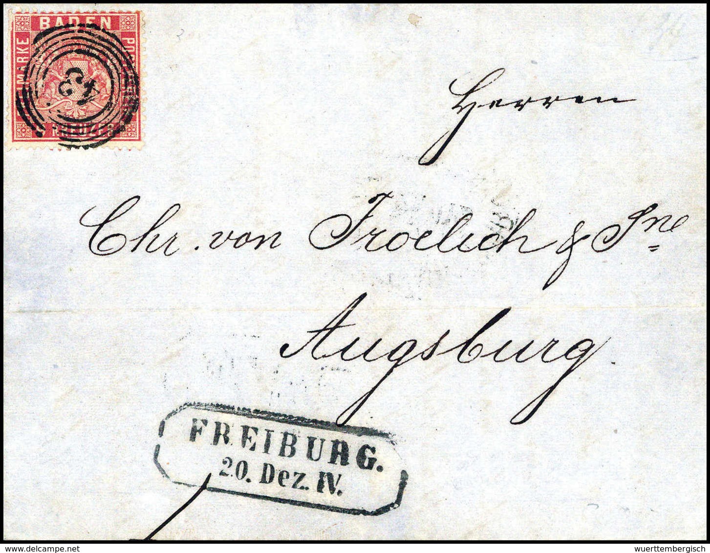 9 Kr., Schöner Blauer Pracht-Faltbrief Mit Genau Zentr. Stempel "43" FREIBURG.<br/><b>Katalogpreis: 600,-</b> (Michel: 1 - Autres & Non Classés