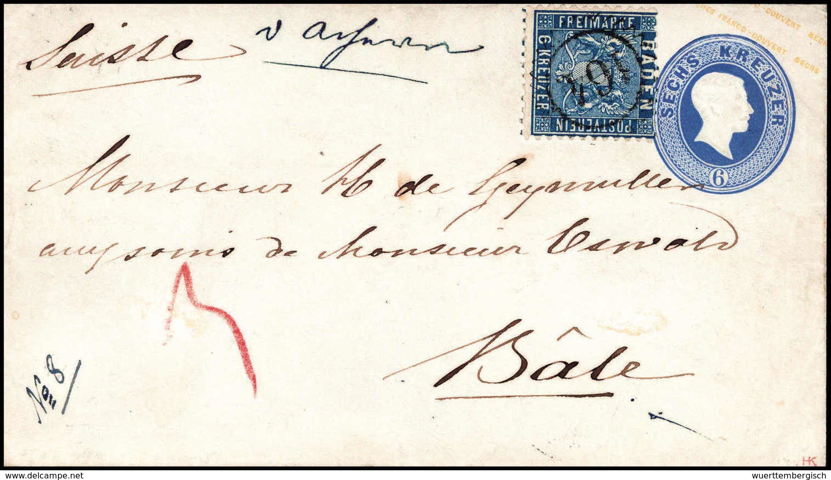 Beleg 6 Kr. Preussischblau, Zusatzfrankatur Auf Ganzsachenumschlag 1862, 6 Kr. Lebhaftultramarin In Die Schweiz. Die Mar - Autres & Non Classés