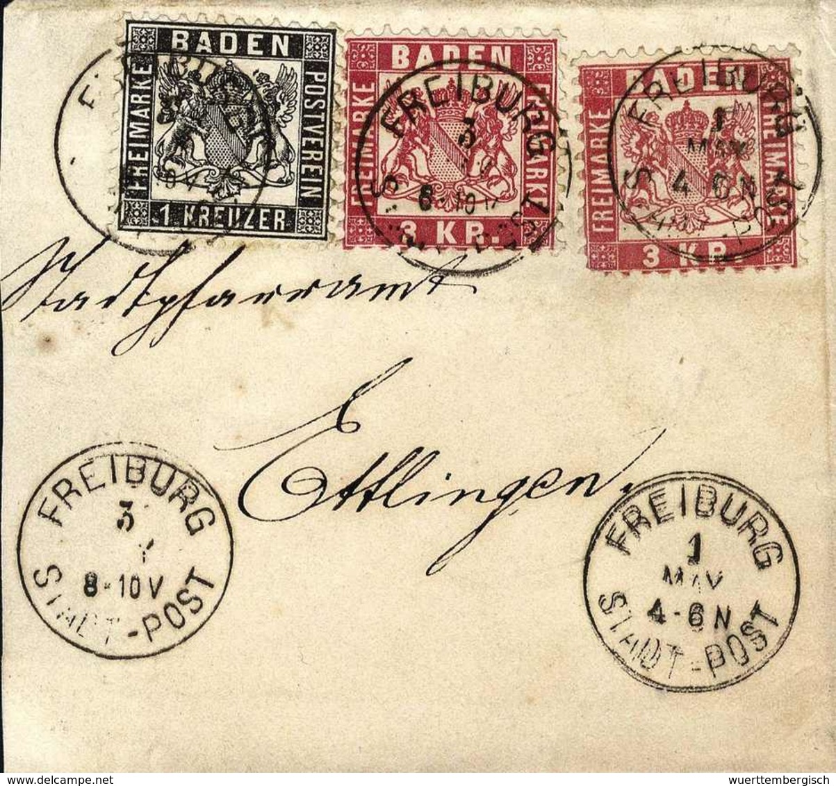 Beleg 1 Kr., Kab.-Stück In Mischfrankatur Mit Ausgabe 1868, Zwei Exemplare 3 Kr. Rot Auf Nicht Kpl. Brief Nach Ettlingen - Autres & Non Classés