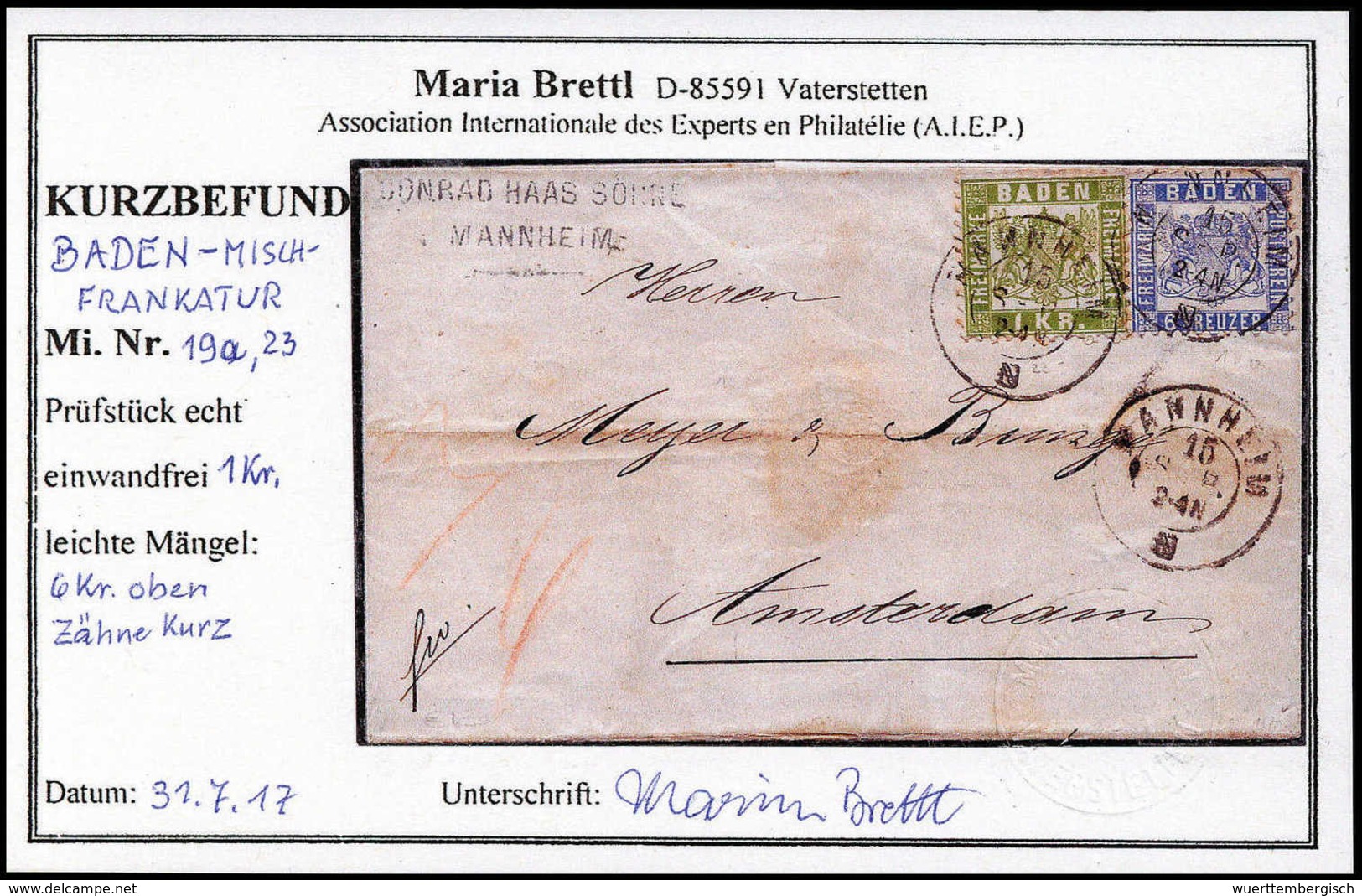 Briefst. 6 Kr., Mischfrankatur Mit Ausgabe 1868, 1 Kr. Grün Auf Gef. Brief Nach Amsterdam, Klare K2 MANNHEIM (6 Kr. Zhg. - Autres & Non Classés