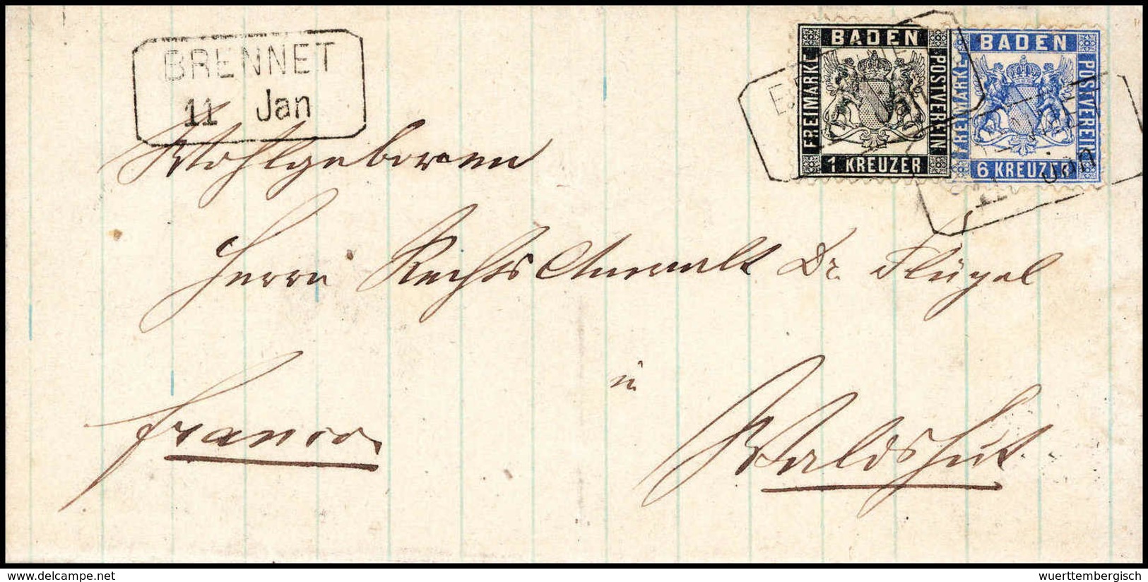 Beleg 6 Kr. Hellultramarin, Kab.-Stück Mit 1 Kr. Schwarz (Aufklebefehler) Auf Schönem Brief Mit Billetstempel R2 BRENNET - Autres & Non Classés