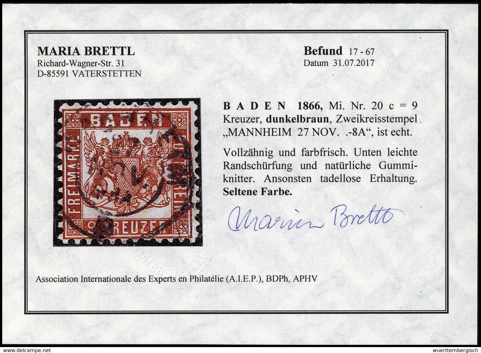 Gest. 9 Kr., Frisches Exemplar (kl. Mgl.) Mit Zentr. K2 MANNHEIM, Fotobefund Brettl.<br/><b>Katalogpreis: 600,-</b> (Mic - Autres & Non Classés